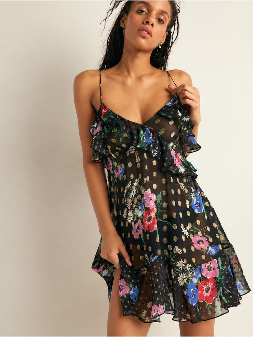 Free People Floral Polka Dot Rosalie Mini Slip Dress, Size Small, NWT